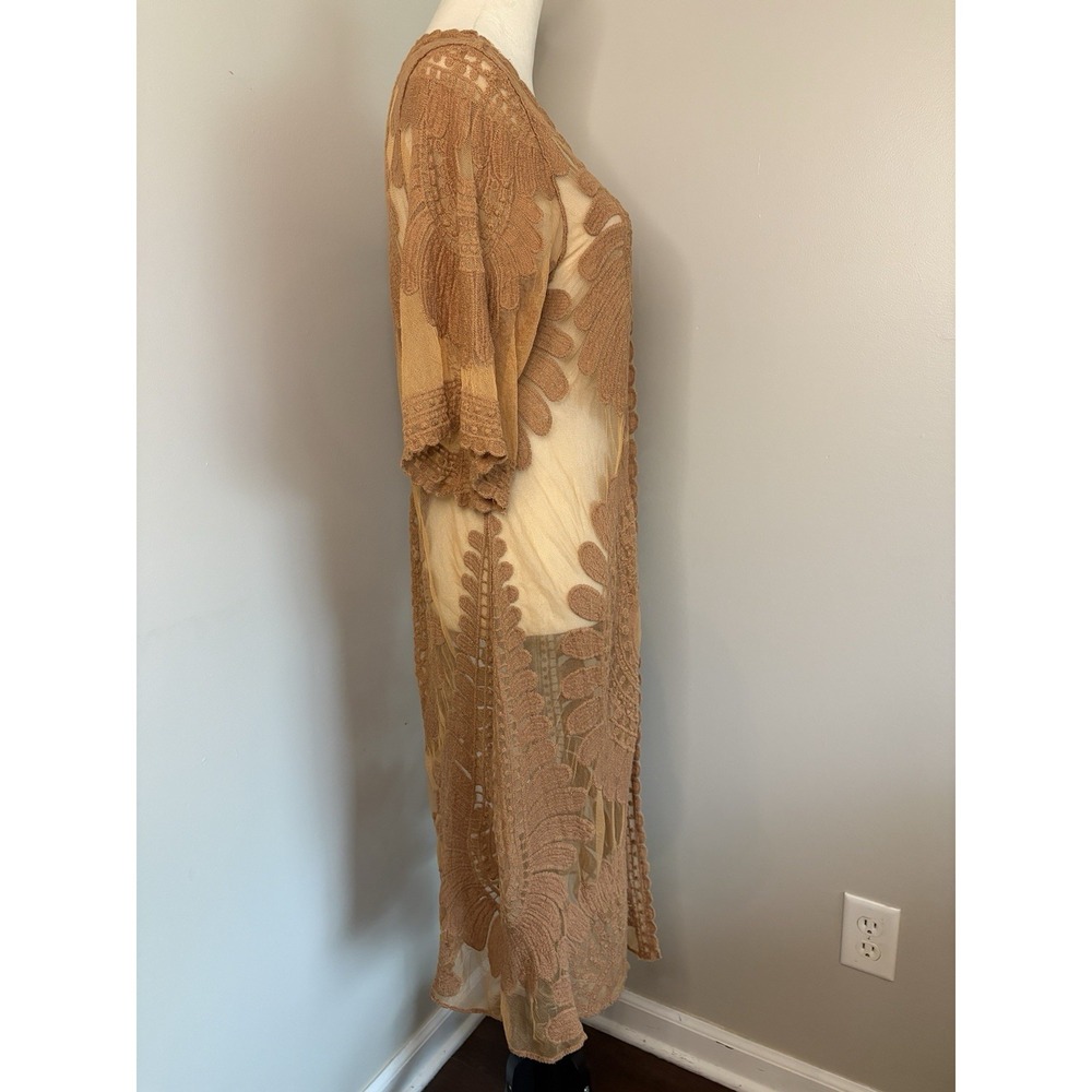 Rebellion Again Brown Tan Lace Duster Mesh Embroidered Paisley Beach Boho Small - Picture 3 of 6
